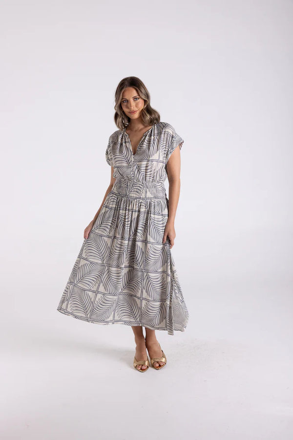 FERN PRINT SHERRED WAIST DRESS