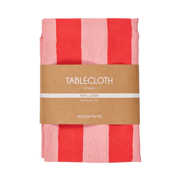 LINEN TABLECLOTH RED STRIPE 138cm x 300cm