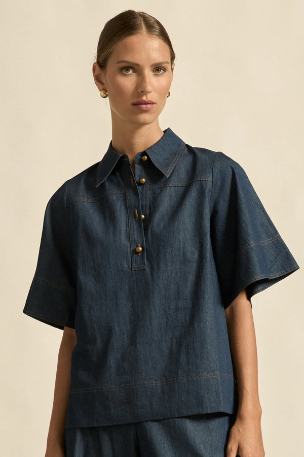INSINUATE TOP DARK CHAMBRAY